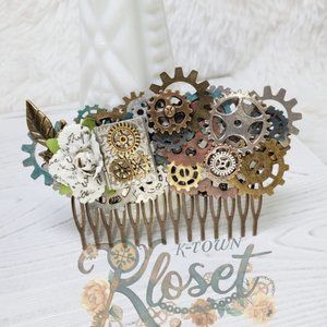 Steampunk hair comb with a book pendant